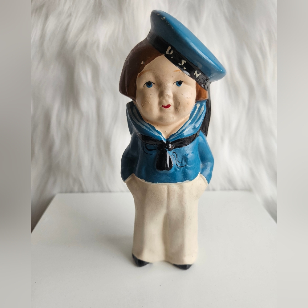 Vintage Chalkware Navy Sailor Figurine – USN Uniform –Collectible Nautical Decor